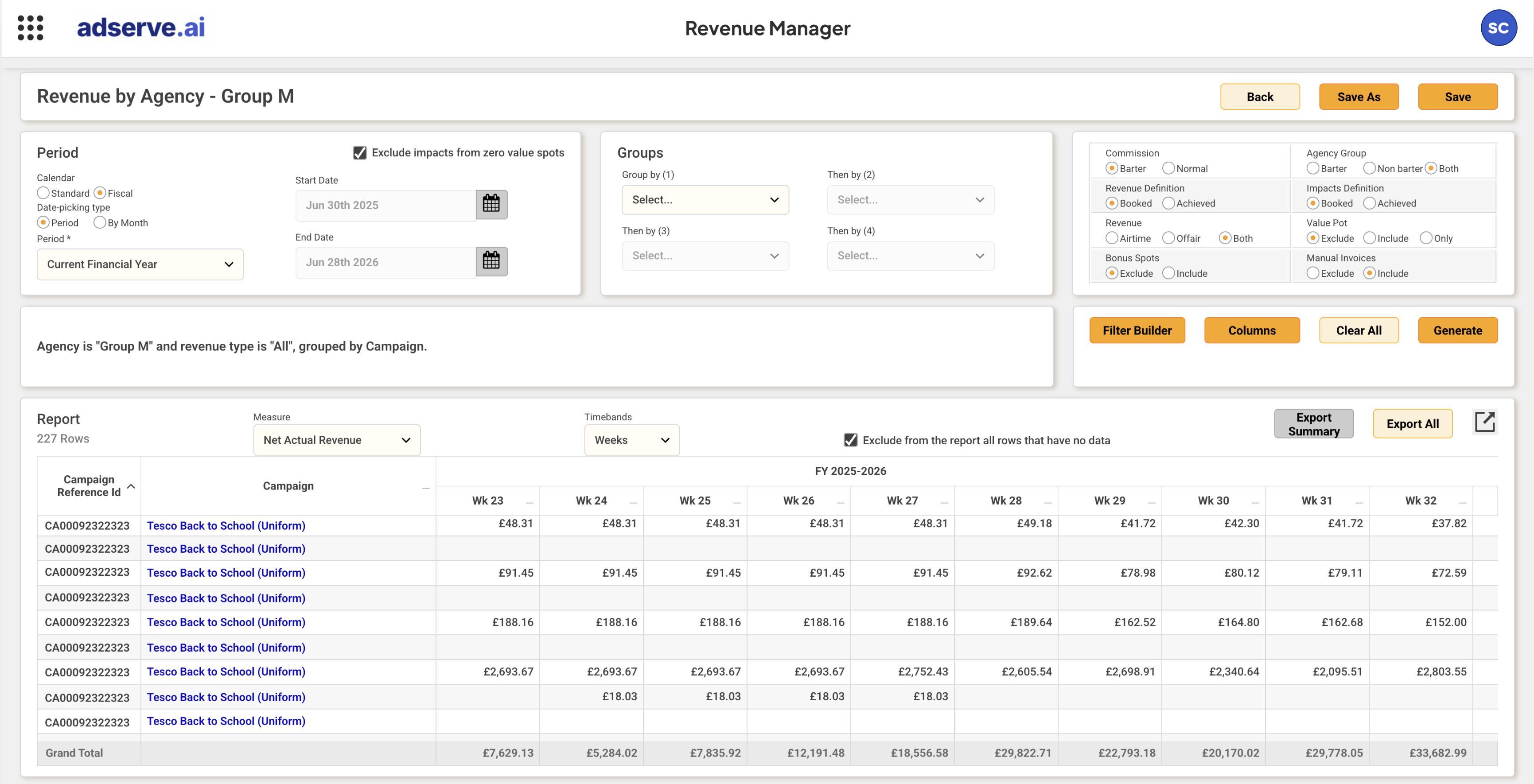 Revenue dashboard — pacing and reconciliation